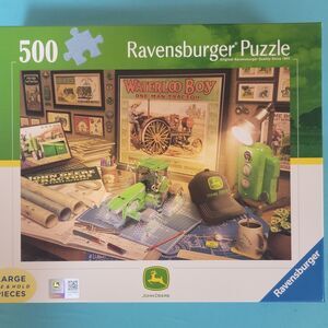 Ravensburger 500 piece Puzzle JOHN DEERE WORK DESK Tractors History 27 x 20 in.